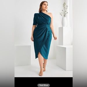 SHEIN Belle Plus One Shoulder Ruched Asymmetrical Hem Glitter Dress